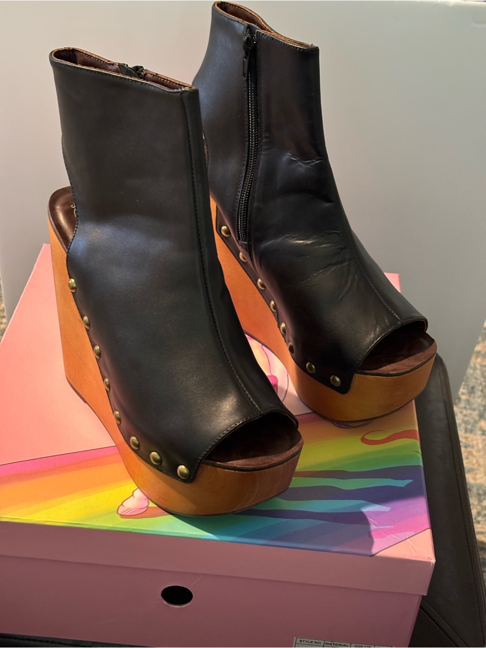Black Leather Peep-Toe Wedge Booties